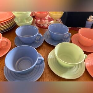 HAZEL ATLAS Moderntone Platonite Pastel Blue Tea Coffee Cup & Saucer, Set 3
